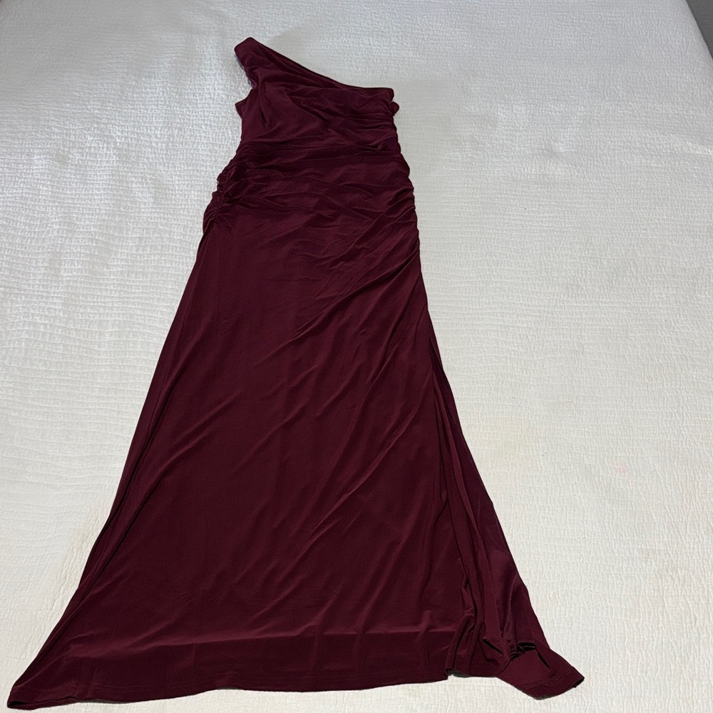 David's Bridal One-Shoulder Gown in Deep Burgundy